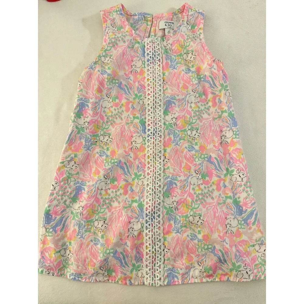 Crown & Ivy Kids Girls 3T Pink Blue Floral Bunny Rabbit Crochet Lace Shift Dress
